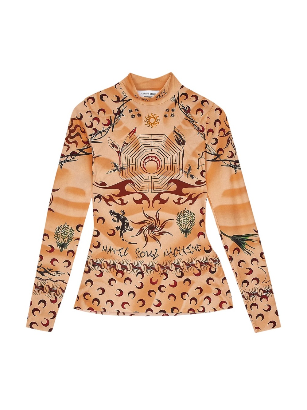 Marine Serre Peach-Orange Crescent & Botanical Print Long Sleeve Top